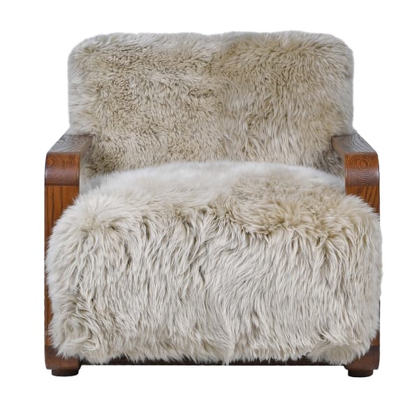 Highgate cream sheepskin armchair with oak frame front view