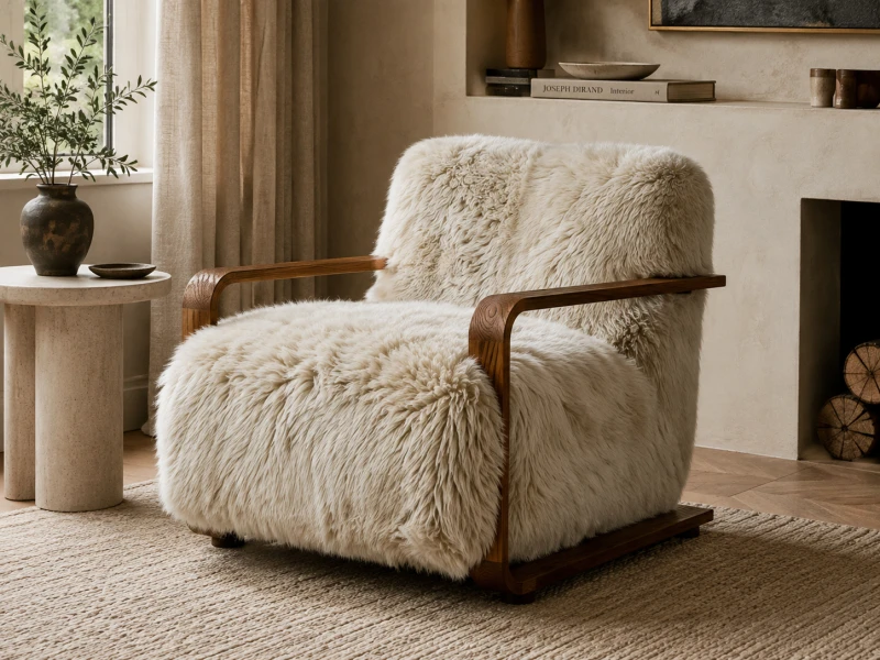 Highgate sheepskin armchair styled in a luxury neutral living room
