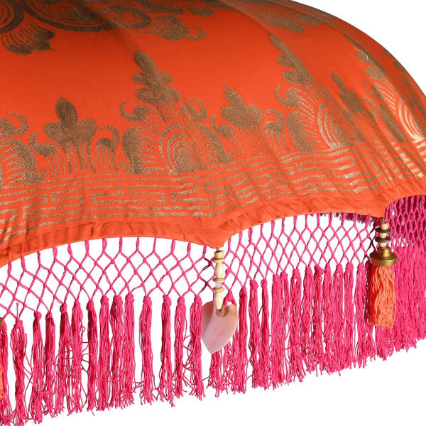 Hand-painted oriental garden parasol with red canopy and decorative finial