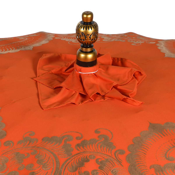 Hand-painted oriental garden parasol with red canopy and decorative finial