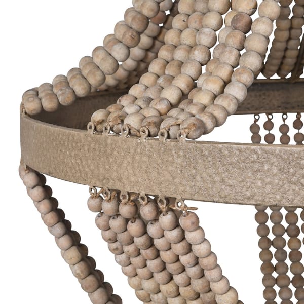 Chiswick chandelier detail showing natural maple wooden beads and iron frame