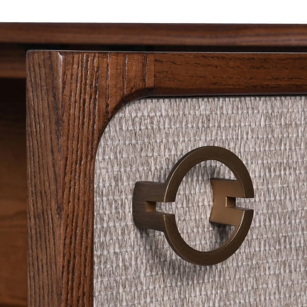 Enford sideboard detail showing linen door front and circular handle