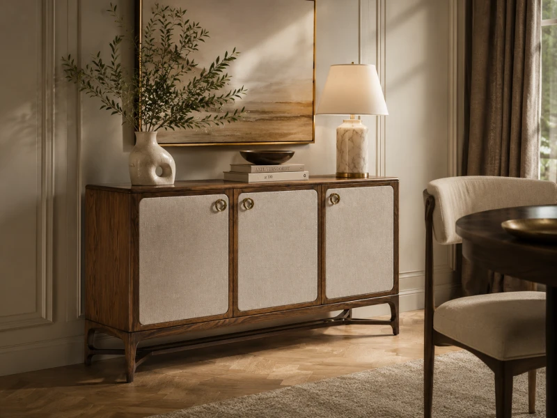 Enford ash wood sideboard with linen fronts in a luxury dining room