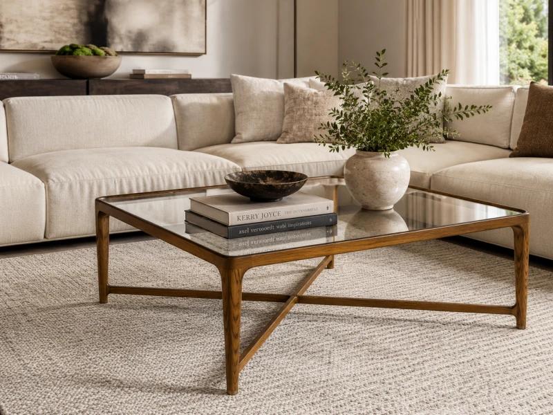 Square Enford coffee table with clear glass top beside a cream sofa