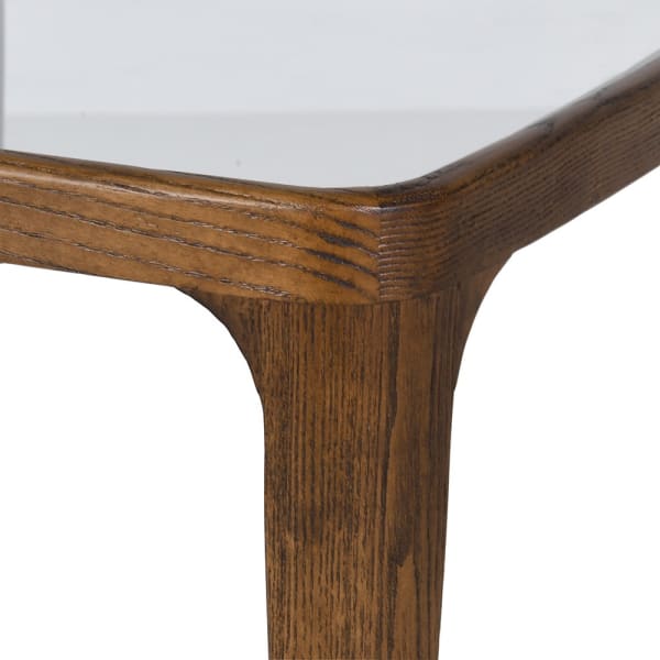 Enford side table detail showing clear glass top and ash wood frame