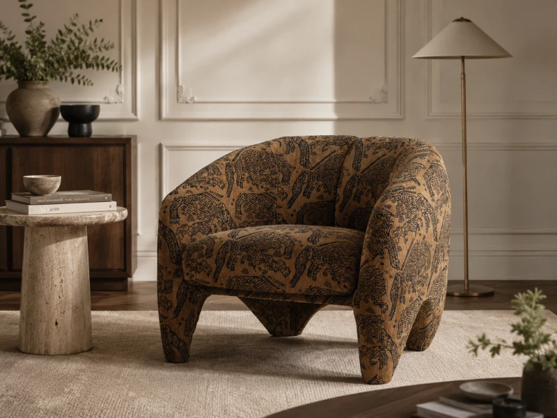 Bloomsbury animal print armchair in a luxury neutral living room