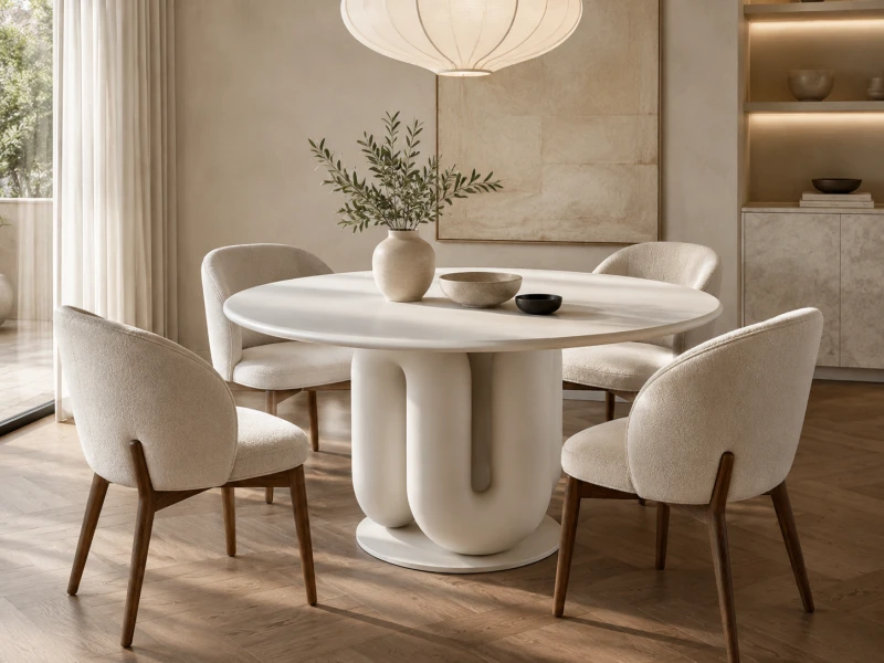 Kew 135 cm round dining table with four upholstered dining chairs