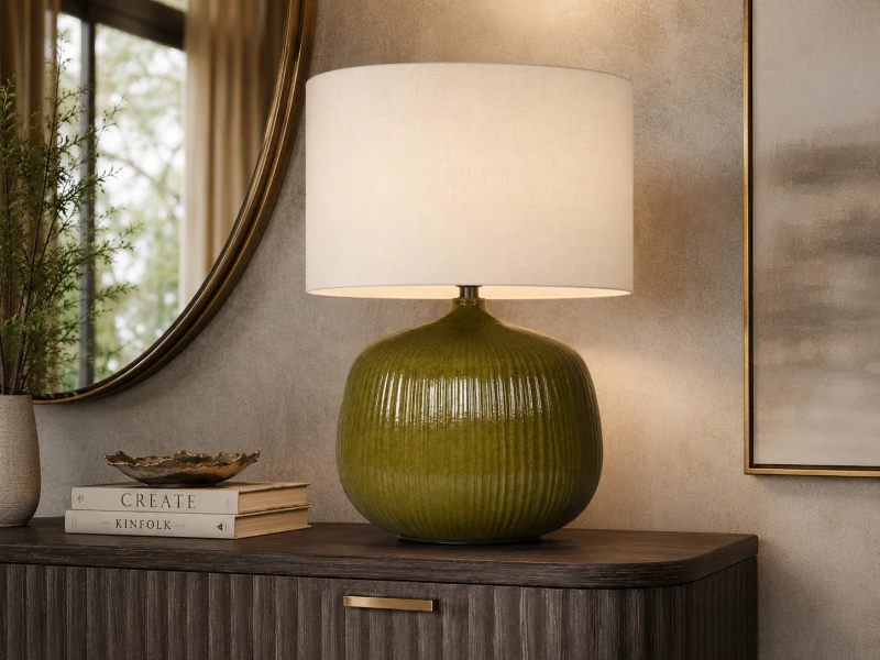 Dulwich olive green ceramic table lamp styled on a luxury sideboard