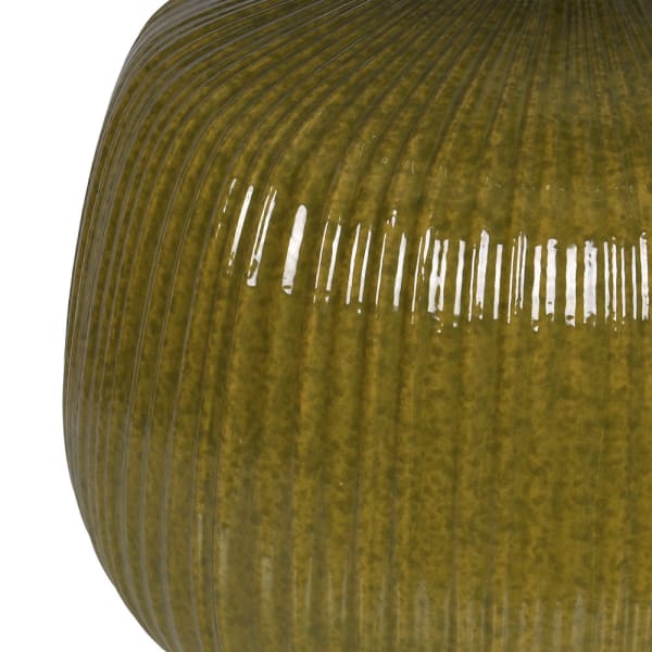 Dulwich table lamp detail showing ribbed olive green ceramic base