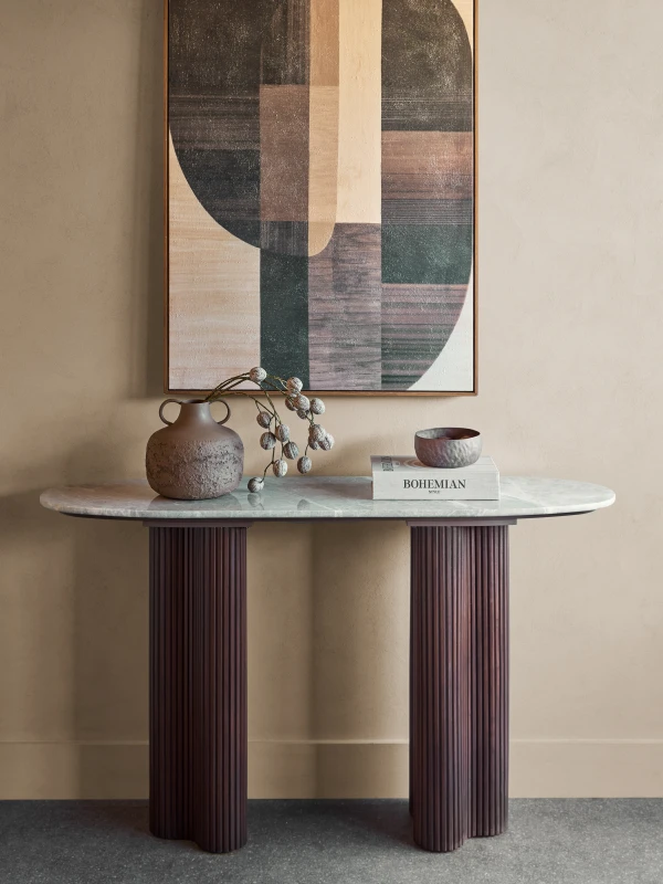 Bremner grey marble console table with sculptural ribbed walnut base