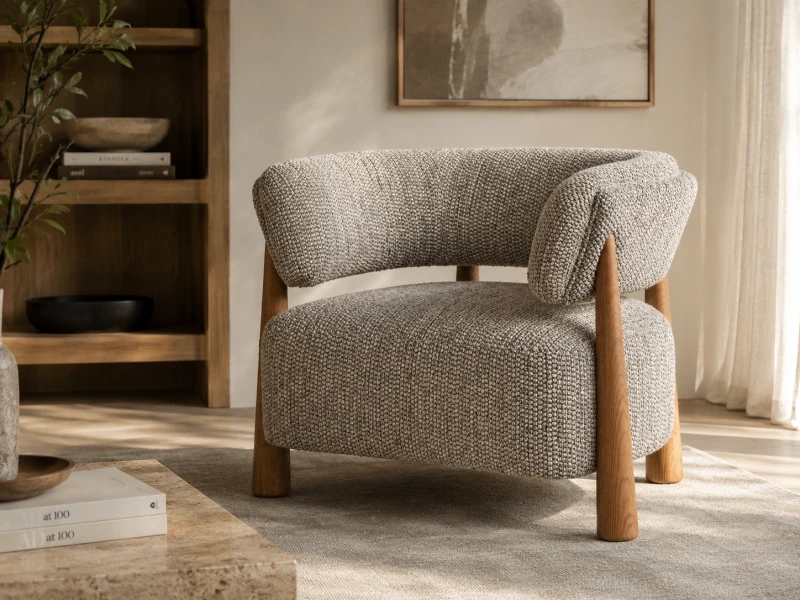 Grey upholstered Linton armchair with ash wood legs