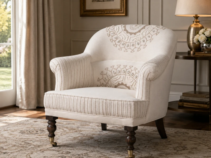 Embroidery Cream Armchair – Cream Cotton Armchair with Embroidered Detail