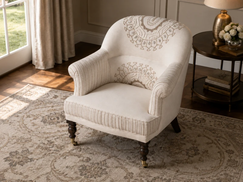 Embroidery Cream Armchair – Cream Cotton Armchair with Embroidered Detail