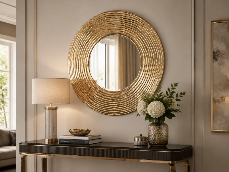 Savoy large round gold mirror above an elegant console table