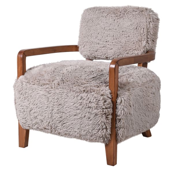 Cream faux fur accent chair with exposed ash wood frame