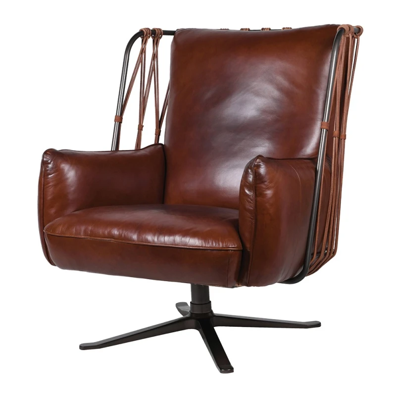 Brown leather Chelsea lounge chair with iron frame