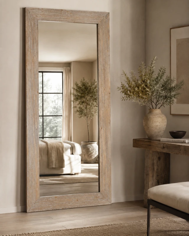 Wilton 210 cm full length wooden mirror in a premium neutral interior