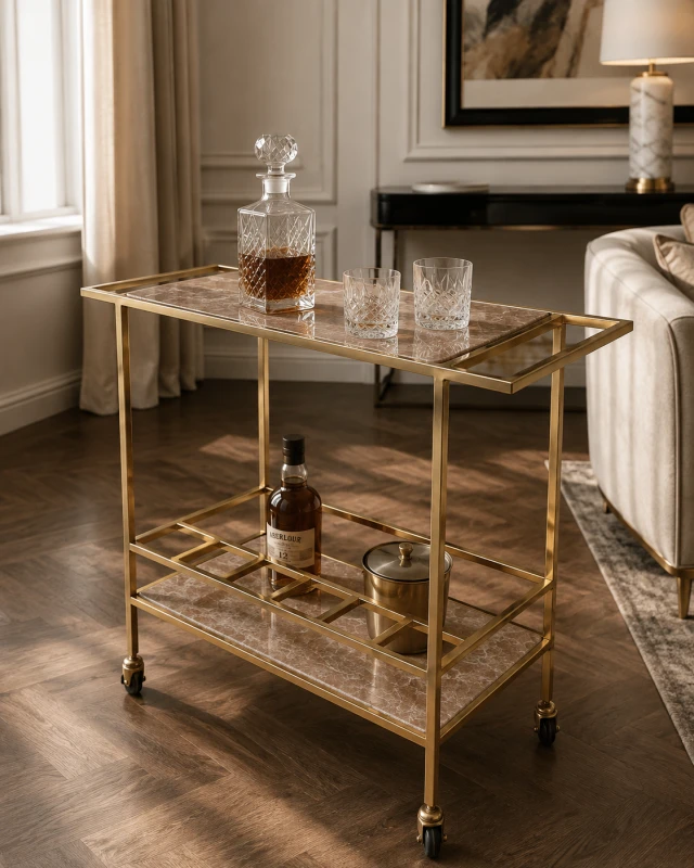 Aurora marble drinks trolley styled in an elegant living room