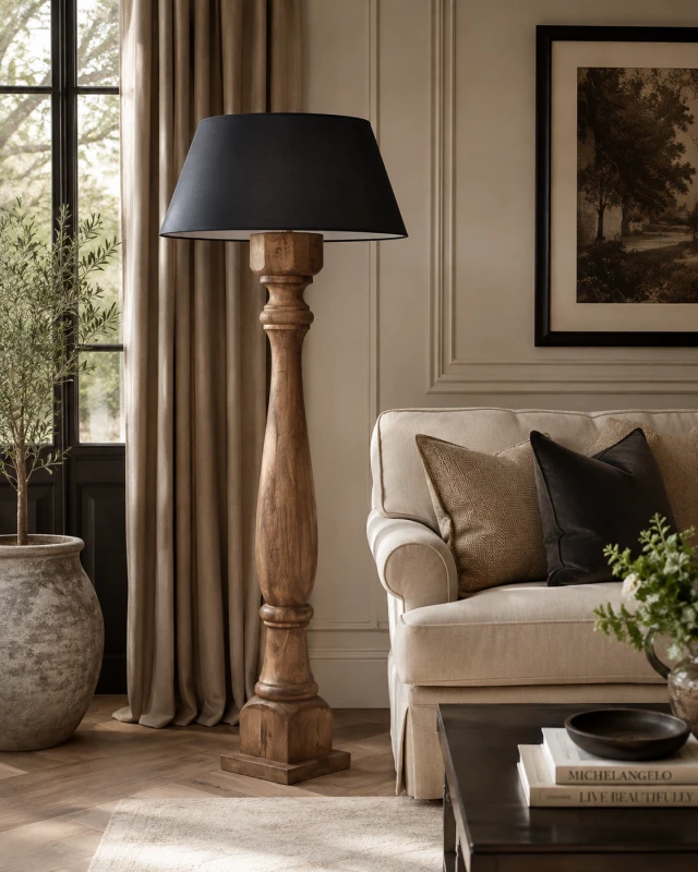 Wooden Sloane Standing Lamp 158 cm mango wood black lampshade