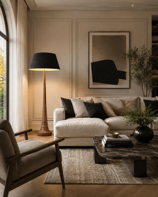 Large mango wood floor lamp with black shade measuring 162 cm high