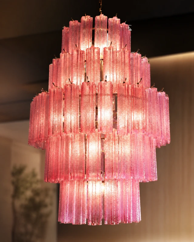 Pink glass panels on the Maldon Pink chandelier