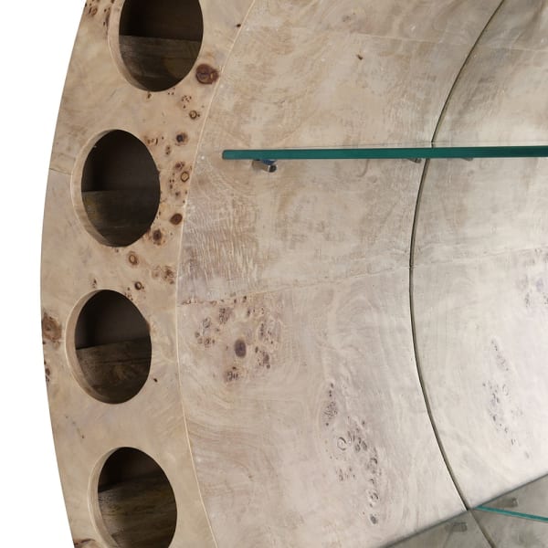 Close-up of burl veneer and glass shelf on Burlington drinks cabinet