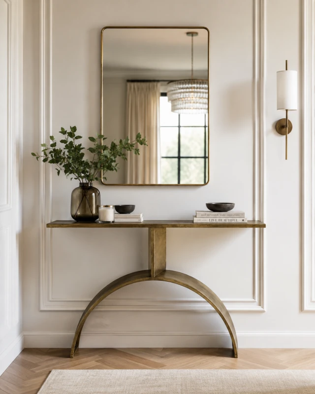 Antique gold iron console table with curved base