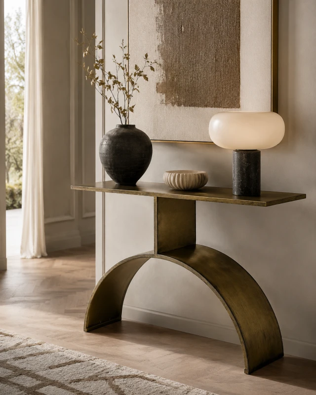 Antique gold iron console table with curved base