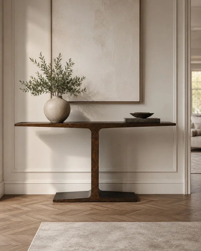 Chester metal console table with sculptural central base