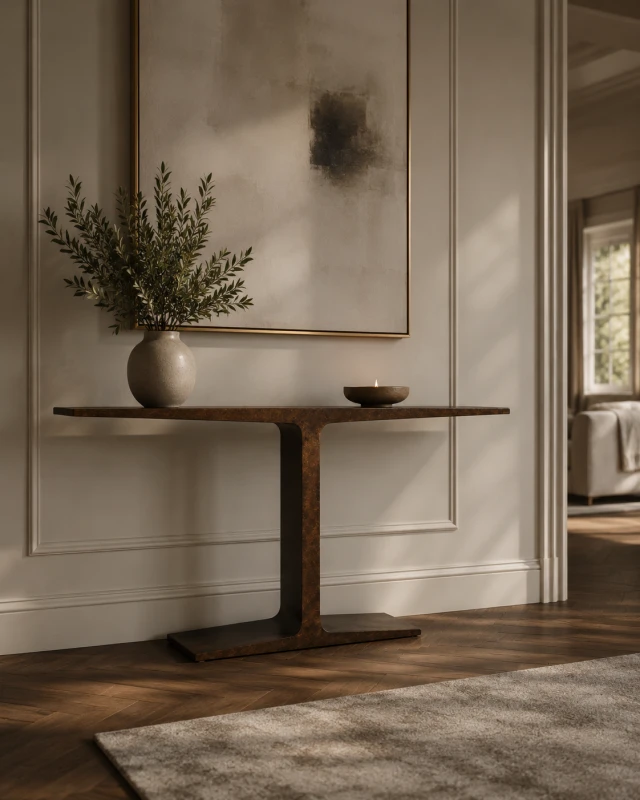 Slim brown console table with architectural iron base