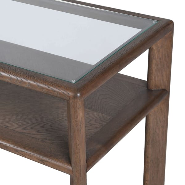 Close-up of Ashbourne oak console table with glass top