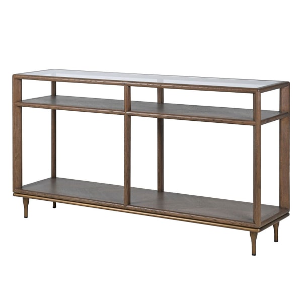 Ashbourne oak console table 160cm with glass top and shelves