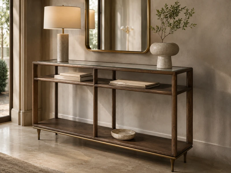 Dark oak console table with clear glass top Ashbourne