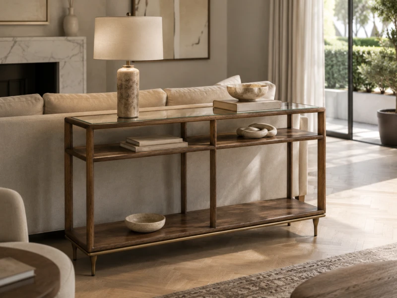 Ashbourne wooden console table with two open shelves
