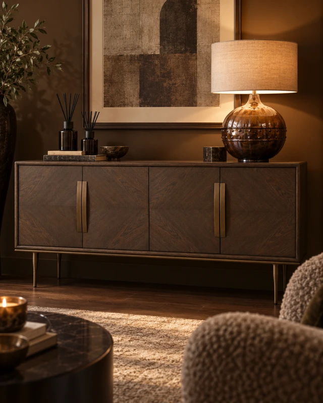 Ashbourne dark oak sideboard styled in an elegant living room