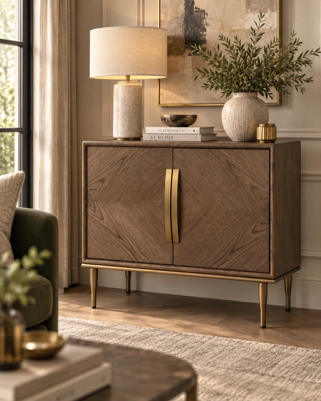 Ashbourne small dark oak sideboard styled in an elegant living room