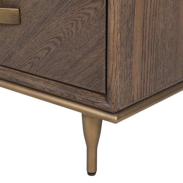 Detail of Ashbourne dark oak bedside table with tapered iron leg