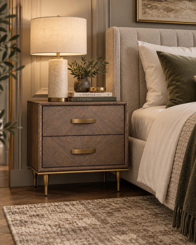 Ashbourne dark oak bedside table styled beside an upholstered bed