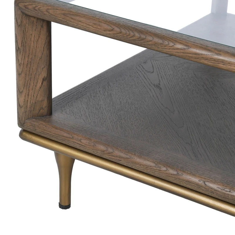 Close-up of Ashbourne oak coffee table shelf and iron leg