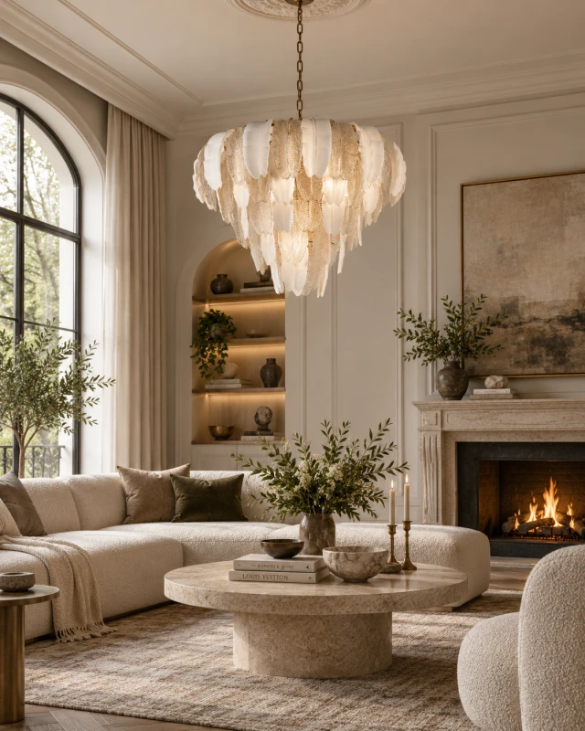 Large White Glass Leaf Chandelier