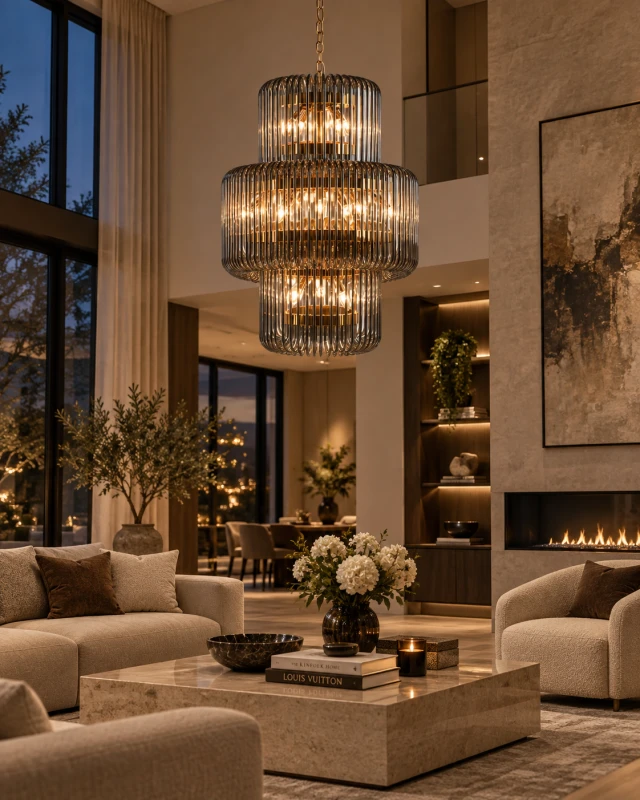 Luxury Smoke chandelier with gold details in a contemporary interior