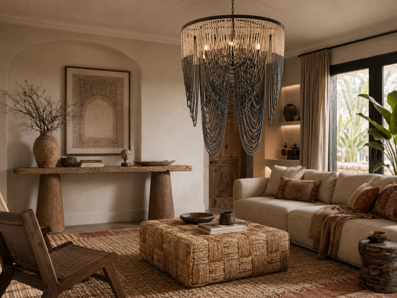 Large wooden bead chandelier in brown grey and black gradient