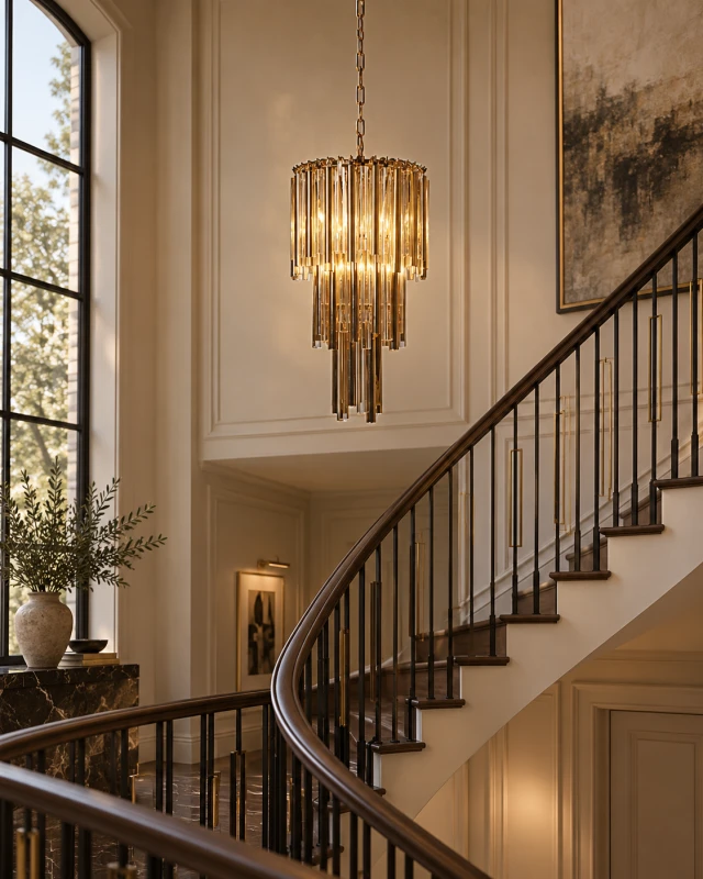 Maldon Gold Three-Tier Chandelier 65 × 35 cm in an elegant staircase interior