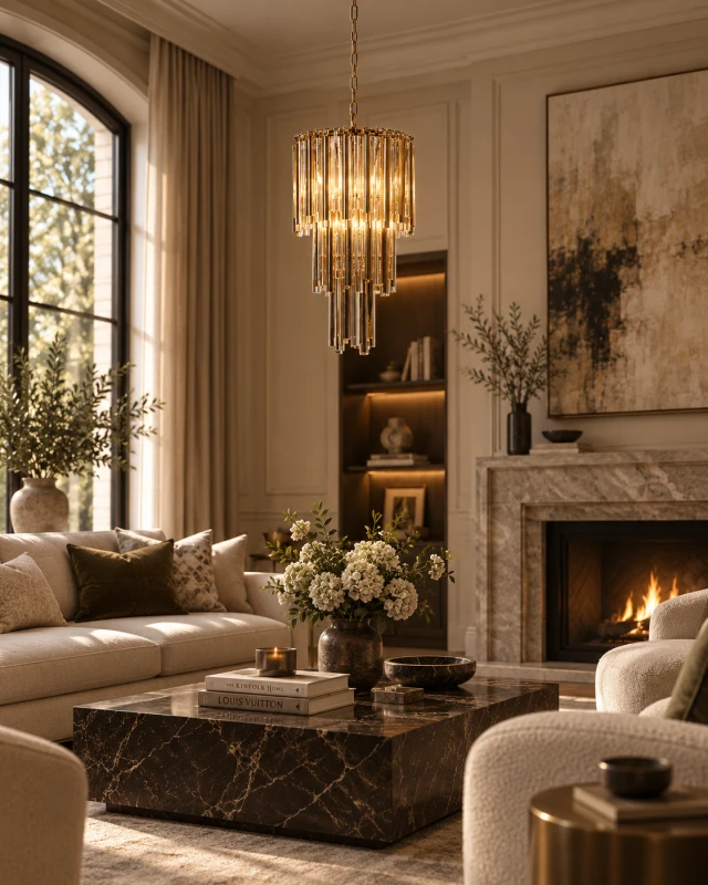 Maldon Gold Three-Tier Chandelier styled in a luxury living room