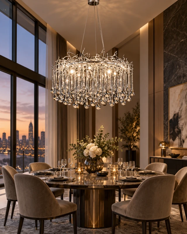 Silver Branch chandelier 85 × 42cm with glass droplets in an elegant dining room