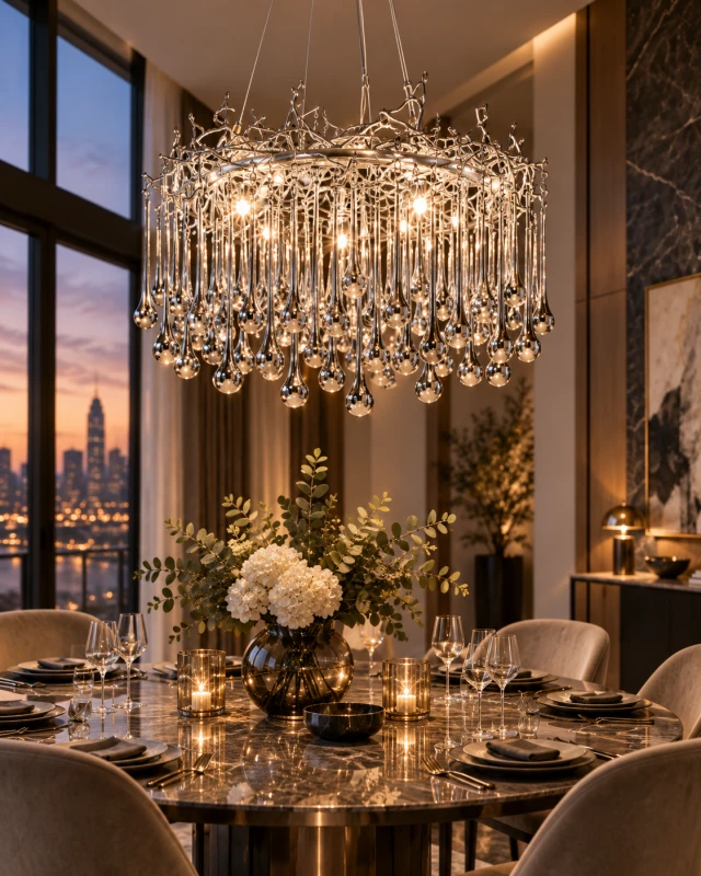 Silver Branch silver chandelier with glass droplets above a dining table