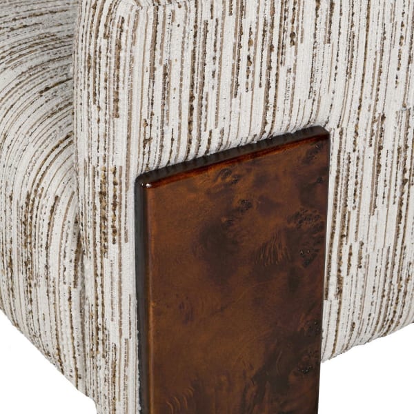 Burr walnut side detail on Belgravia Bouclé Armchair