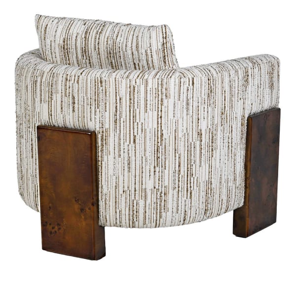 Rear view of Belgravia Bouclé Armchair with burr walnut side details