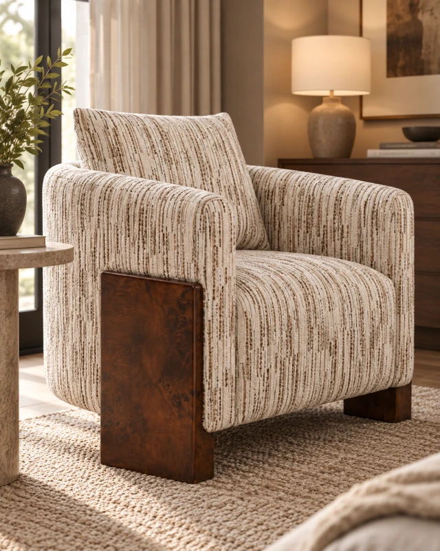 Belgravia Bouclé Armchair styled in an elegant neutral living room