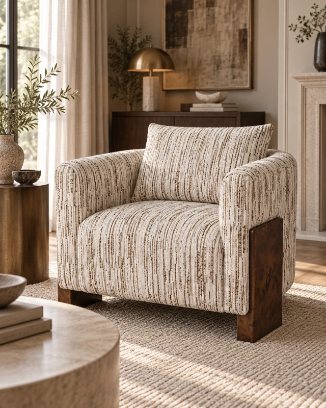 Belgravia textured armchair with burr walnut detail in a luxury interior